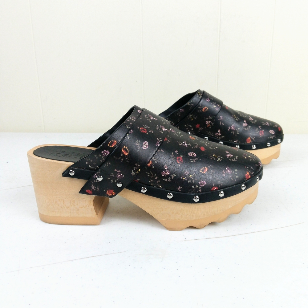 Aerosoles X Lauren Ashley Pedro Floral Wooden Clogs Women 6 Black Faux Leather